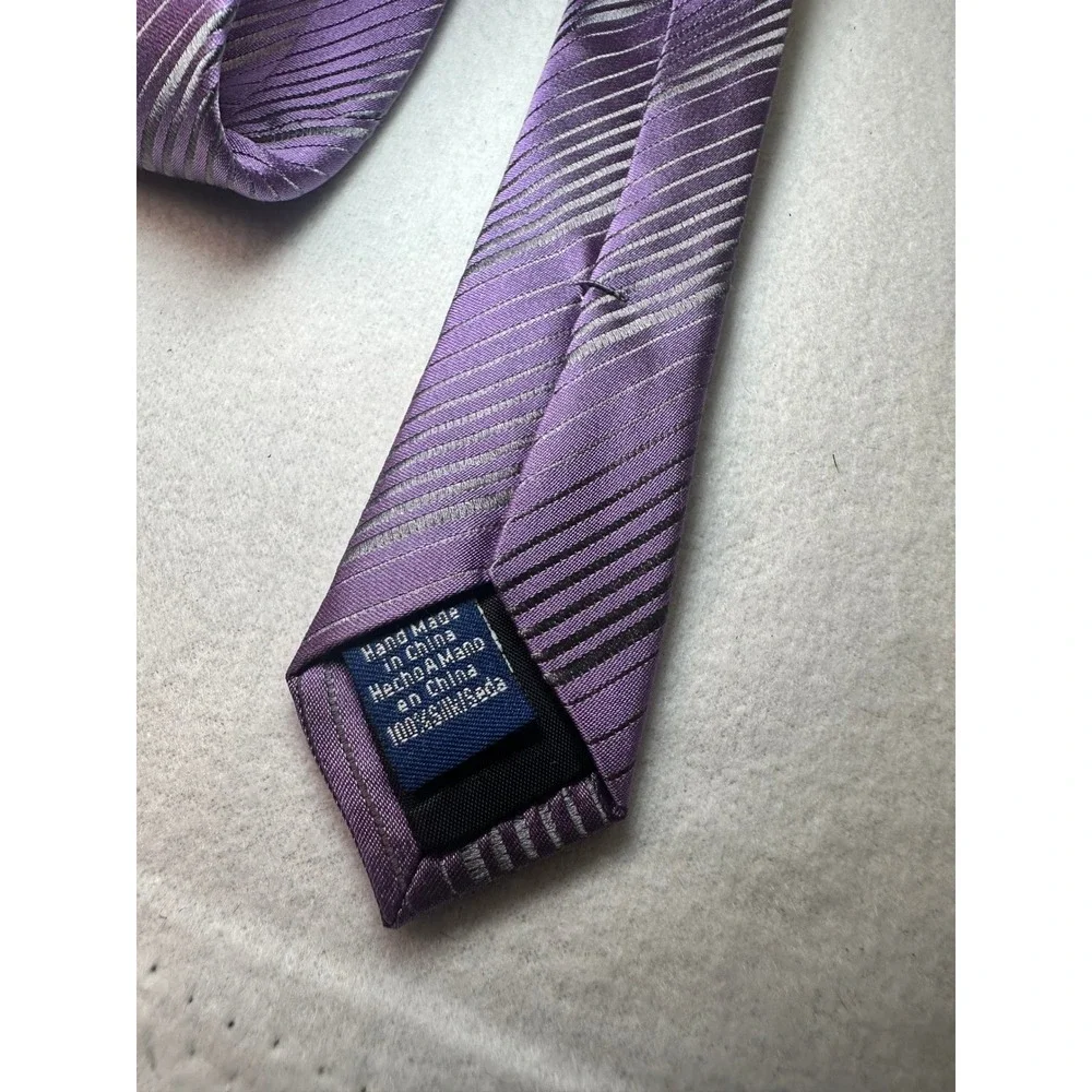 John Ashford Mens Purple Grey Striped Silk Tie Stain Resistant‎ Handmade Necktie